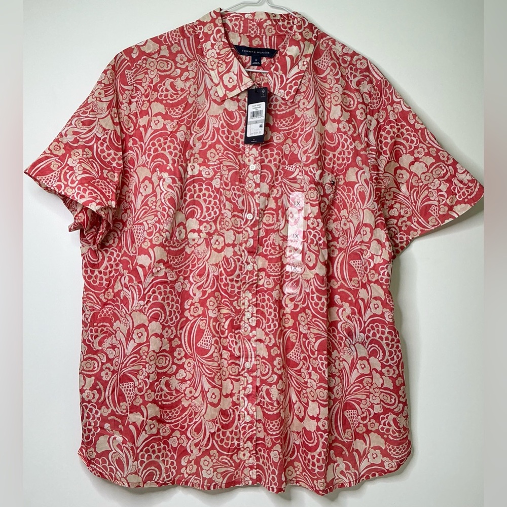 Tommy Hilfiger Men Shirt 1X Red Floral Short Sleeve Camp Shirt New